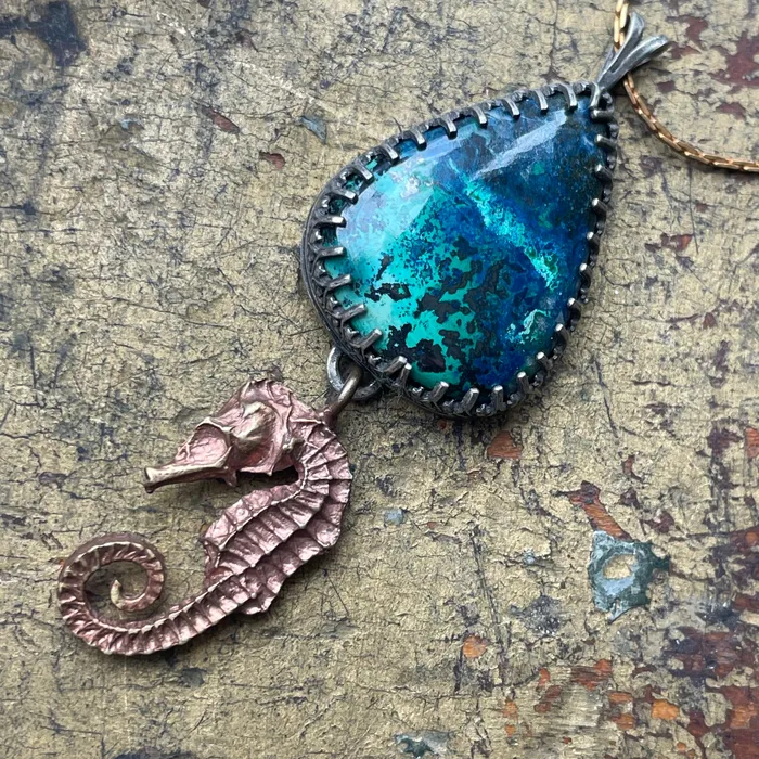 Necklaces Silver Moon Alchemy Chrysocolla and Seahorse Necklace