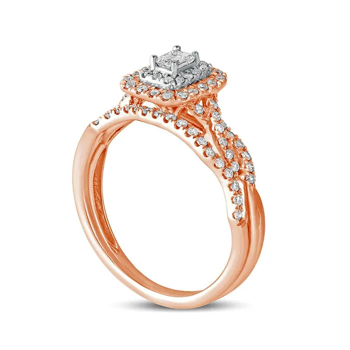 050 CT TW EmeraldCut Natural Diamond Double Frame MultiRow Bridal Engagement Ring Set in Solid 10K Rose Gold Goldia Rings