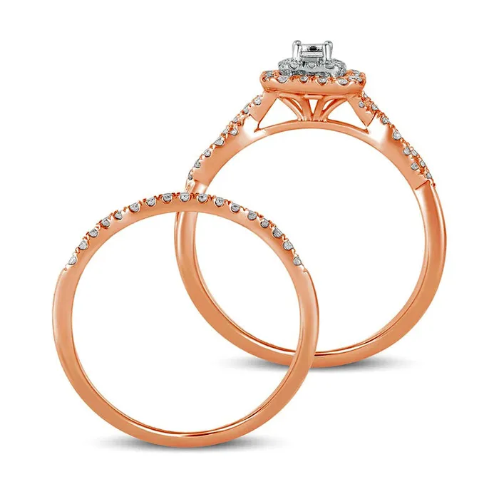 050 CT TW EmeraldCut Natural Diamond Double Frame MultiRow Bridal Engagement Ring Set in Solid 10K Rose Gold Goldia Rings