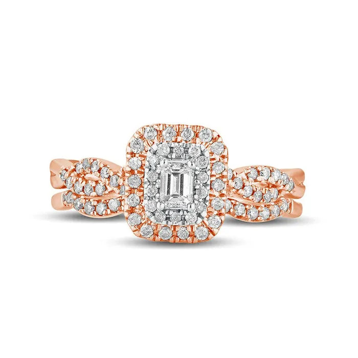 050 CT TW EmeraldCut Natural Diamond Double Frame MultiRow Bridal Engagement Ring Set in Solid 10K Rose Gold Goldia Rings