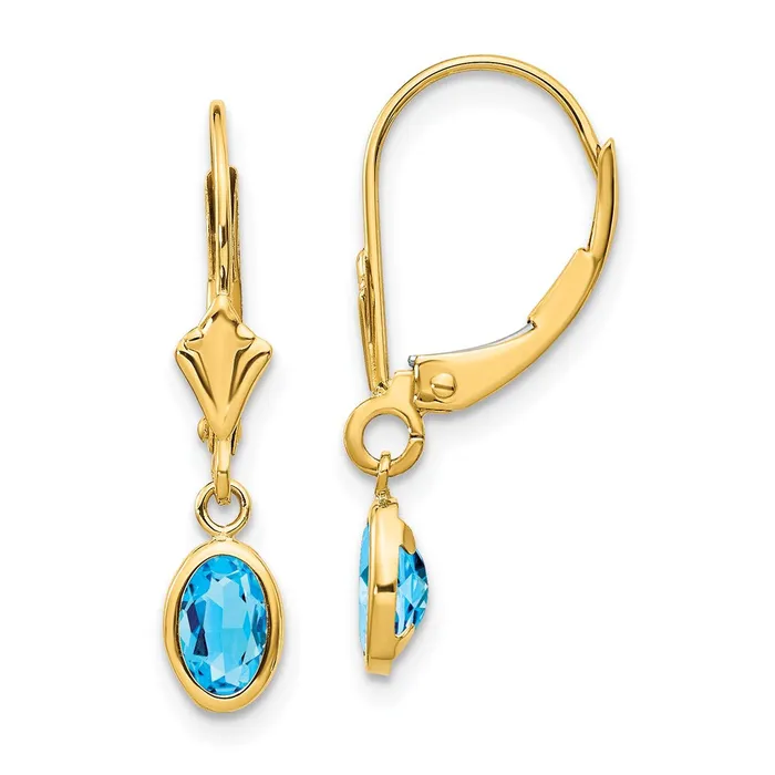 14k 6x4 Oval Bezel DecemberBlue Topaz Leverback Earrings Goldia Earrings