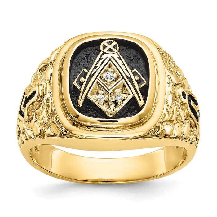 14k Yellow Gold Polished Antiqued and Nugget Texture AAA Quality Diamond Masonic Ring Goldia Rings