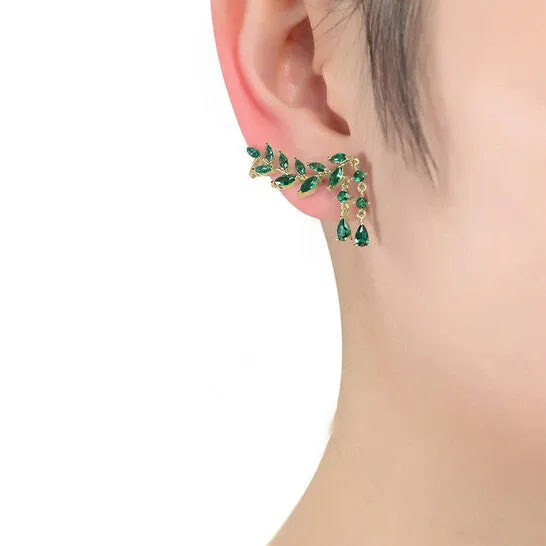 Earrings JMS always Original Megan Walford Sterling Silver with 14K Gold Plated and Emerald Cubic Zirconia Ear Cuff Earrings