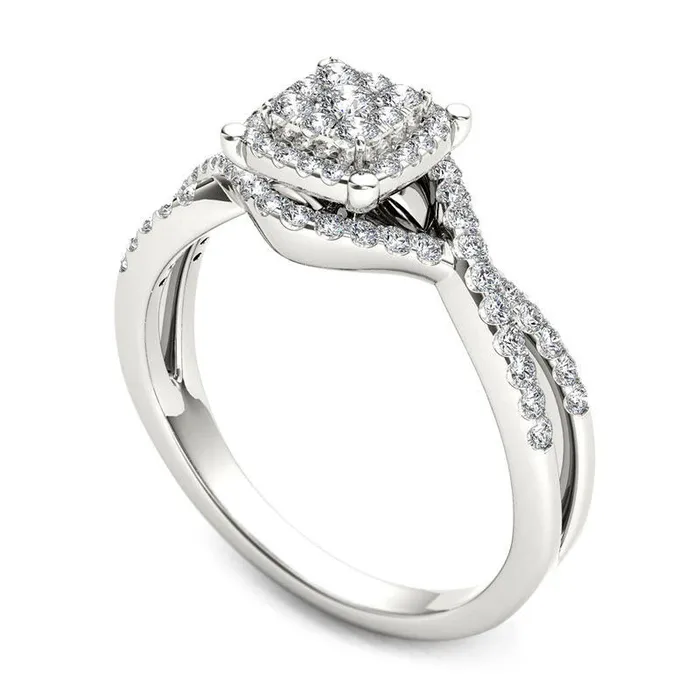Goldia 038 CT TW Composite Natural Diamond Square Frame Twist Engagement Ring in Solid 14K White Gold Rings