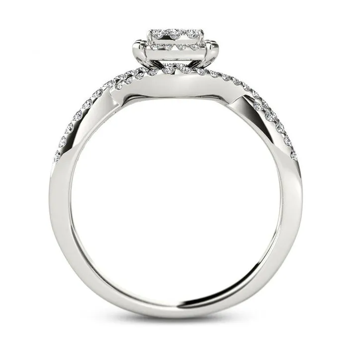 Goldia 038 CT TW Composite Natural Diamond Square Frame Twist Engagement Ring in Solid 14K White Gold Rings