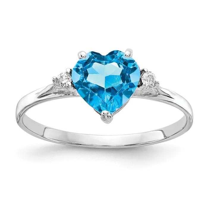 Goldiacom Rings 14k White Gold 7mm Heart Blue Topaz VS Real Diamond ring