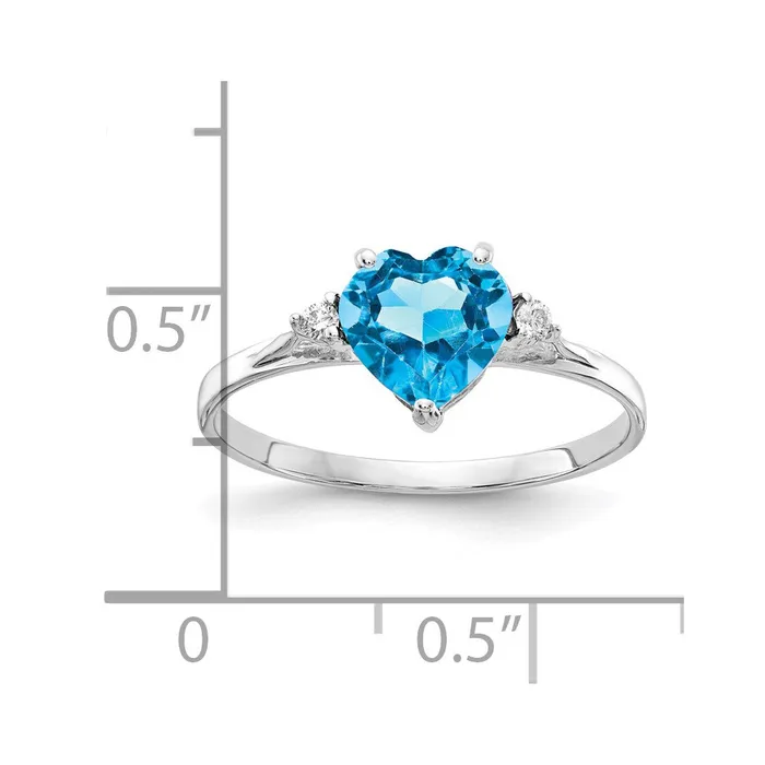 Goldiacom Rings 14k White Gold 7mm Heart Blue Topaz VS Real Diamond ring