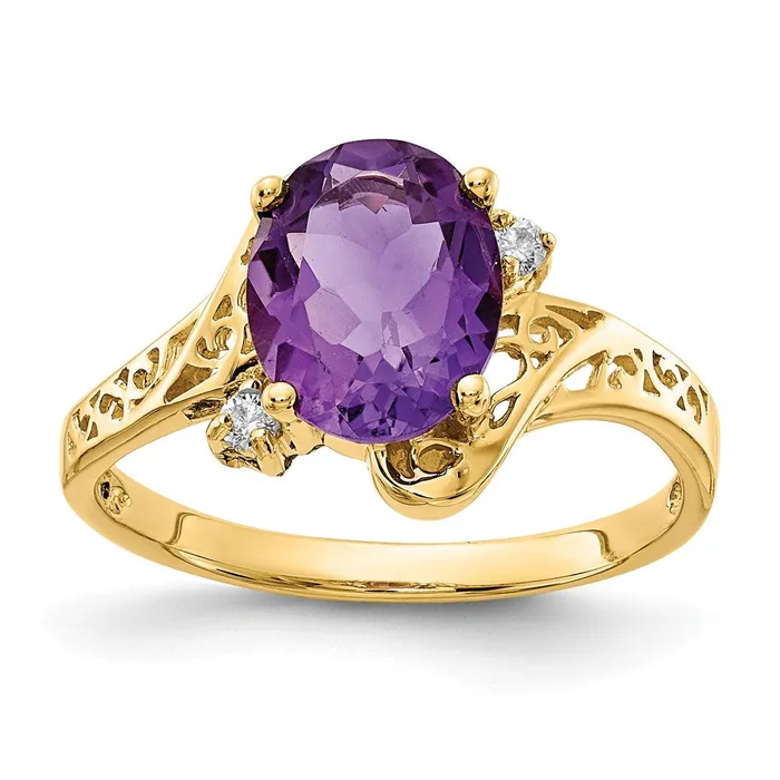 Goldiacom Rings 14K Yellow Gold 9x7mm Oval Amethyst Checker AAA Real Diamond ring