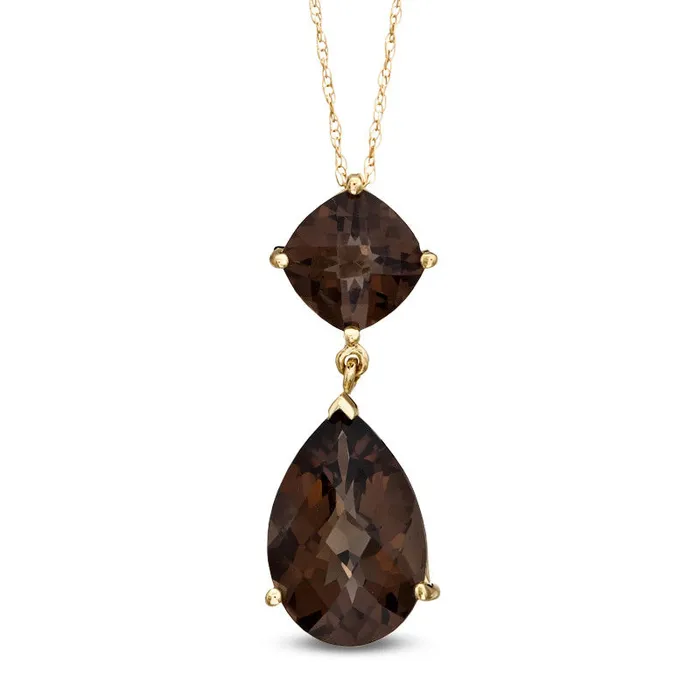 Goldia Earrings Smoky Quartz Double Drop Pendant in 10K Yellow Gold