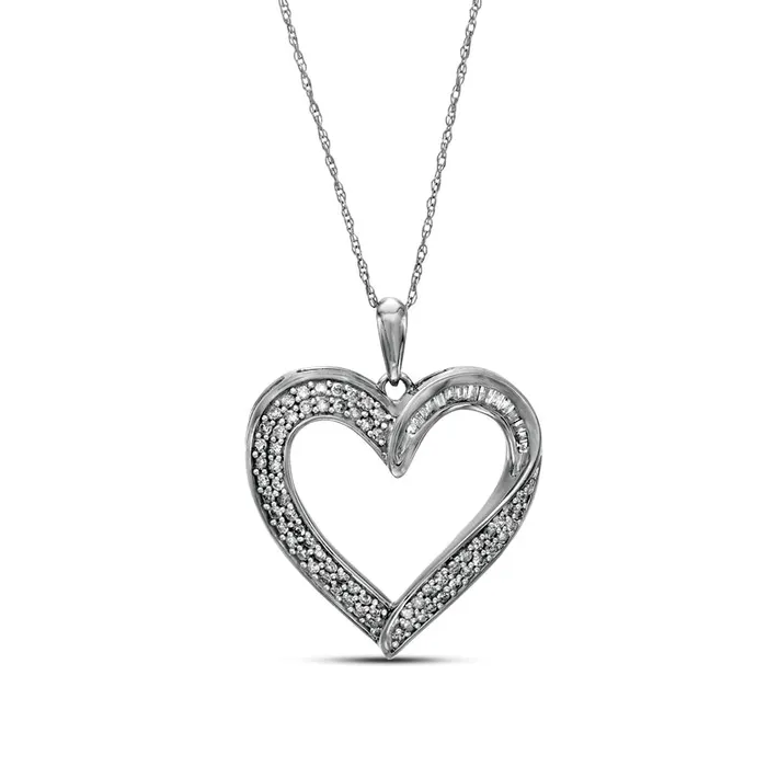 Goldia Necklaces 05 CT TW Baguette and Round Natural Diamond Heart Pendant in 10K White Gold Goldia Necklaces 05 CT TW Baguette and Round Natural Diamond Heart Pendant in 10K White Gold