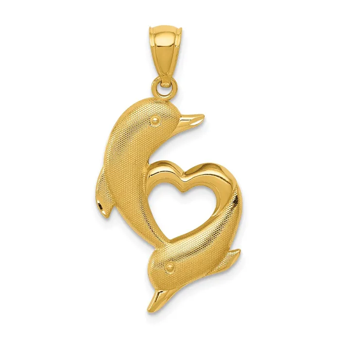 Goldia Necklaces 14k Yellow Gold Gold Polished and Textured Dolphins WHeart Pendant Goldia Necklaces 14k Yellow Gold Gold Polished and Textured Dolphins WHeart Pendant