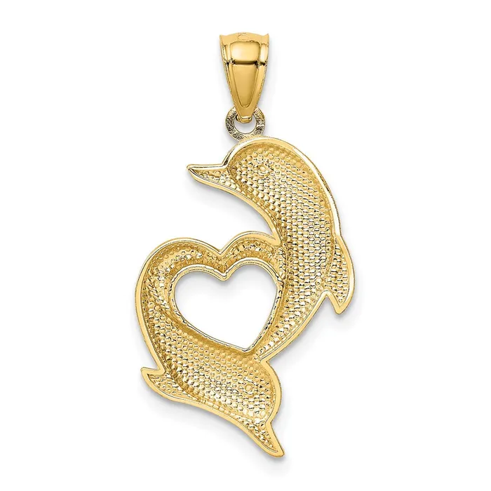 Goldia Necklaces 14k Yellow Gold Gold Polished and Textured Dolphins WHeart Pendant