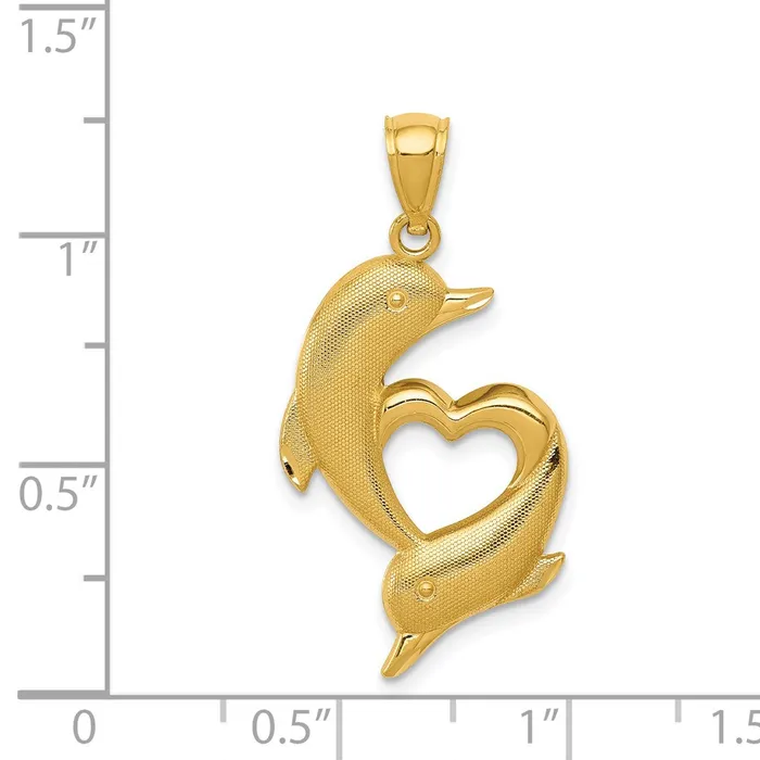 Goldia Necklaces 14k Yellow Gold Gold Polished and Textured Dolphins WHeart Pendant
