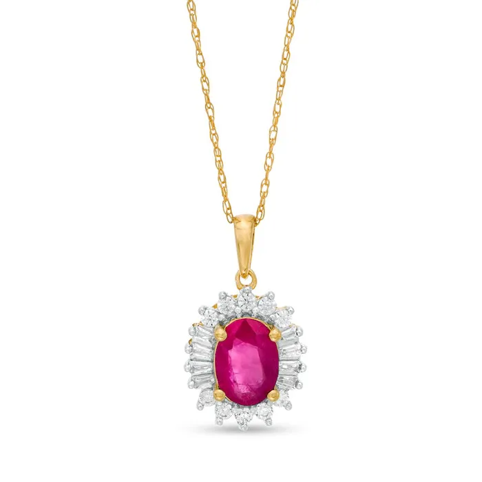 Goldia Necklaces Oval Ruby and 02 CT TW Baguette and Round Natural Diamond Starburst Frame Pendant in 10K Yellow Gold Goldia Necklaces Oval Ruby and 02 CT TW Baguette and Round Natural Diamond Starburst Frame Pendant in 10K Yellow Gold