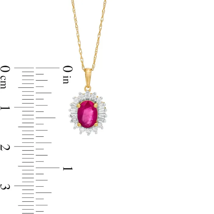 Goldia Necklaces Oval Ruby and 02 CT TW Baguette and Round Natural Diamond Starburst Frame Pendant in 10K Yellow Gold Goldia Necklaces Oval Ruby and 02 CT TW Baguette and Round Natural Diamond Starburst Frame Pendant in 10K Yellow Gold