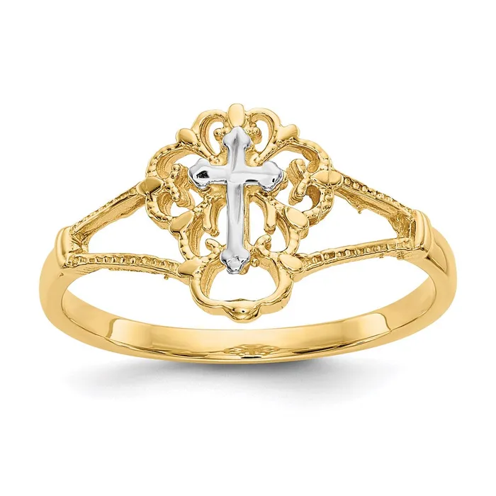 Goldia Rings 14K TwoTone Gold Real Diamond Cut Cross Ring