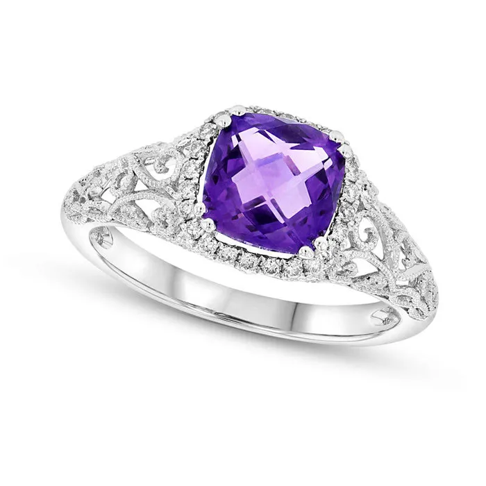 Goldia Rings 70mm CushionCut Amethyst and 013 CT TW Natural Diamond Frame Antique VintageStyle Scroll Ring in Solid 14K White Gold Goldia Rings 70mm CushionCut Amethyst and 013 CT TW Natural Diamond Frame Antique VintageStyle Scroll Ring in Solid 14K White Gold