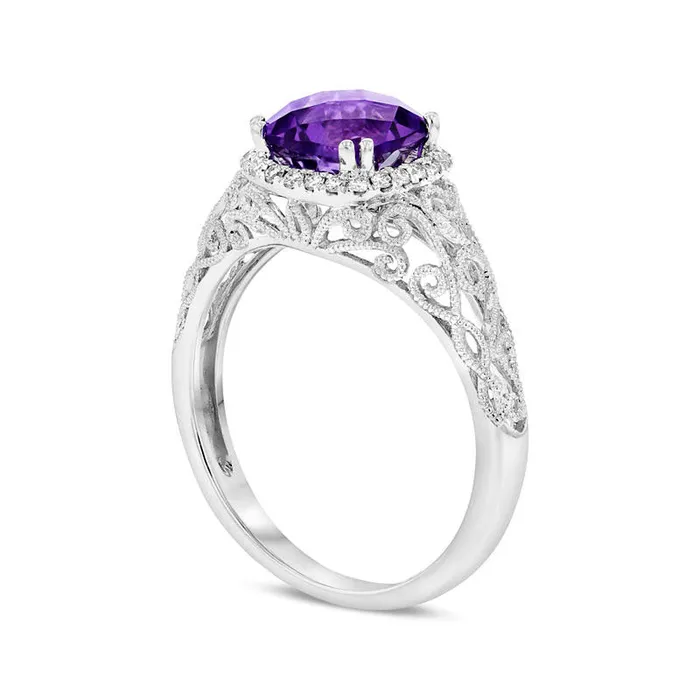 Goldia Rings 70mm CushionCut Amethyst and 013 CT TW Natural Diamond Frame Antique VintageStyle Scroll Ring in Solid 14K White Gold Goldia Rings 70mm CushionCut Amethyst and 013 CT TW Natural Diamond Frame Antique VintageStyle Scroll Ring in Solid 14K White Gold