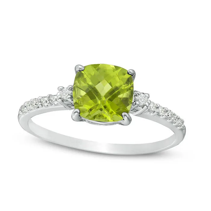 Goldia Rings 70mm CushionCut Peridot and 013 CT TW Natural Diamond Engagement Ring in Solid 10K White Gold Goldia Rings 70mm CushionCut Peridot and 013 CT TW Natural Diamond Engagement Ring in Solid 10K White Gold