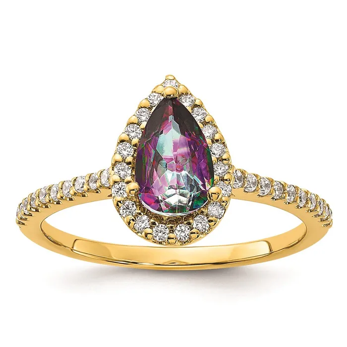 Goldia Rings Solid 14k Yellow Gold Mystic Fire Simulated CZ Halo Complete Engagement Ring