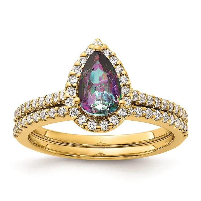 Goldia Rings Solid 14k Yellow Gold Mystic Fire Simulated CZ Halo Complete Engagement Ring