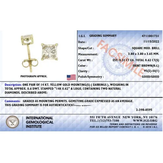 Original Haus of Brilliance 14K Yellow Gold 58 Cttw Princess Natural Brown Color Diamond 4Prong Stud Earrings Brown Color VS2SI1 Clarity JMS always Earrings Original Haus of Brilliance 14K Yellow Gold 58 Cttw Princess Natural Brown Color Diamond 4Prong Stud Earrings Brown Color VS2SI1 Clarity JMS always Earrings
