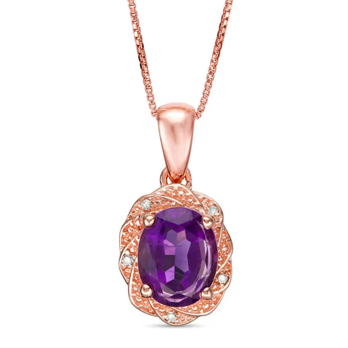 Oval Amethyst and Natural Diamond Accent Pinwheel Frame Pendant in Sterling Silver with 14K Rose Gold Plate Goldia Necklaces Oval Amethyst and Natural Diamond Accent Pinwheel Frame Pendant in Sterling Silver with 14K Rose Gold Plate Goldia Necklaces