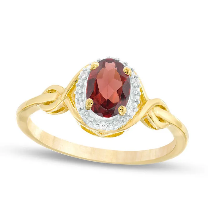 Oval Garnet and Natural Diamond Accent Twist Ring in Solid 10K Yellow Gold Goldia Rings