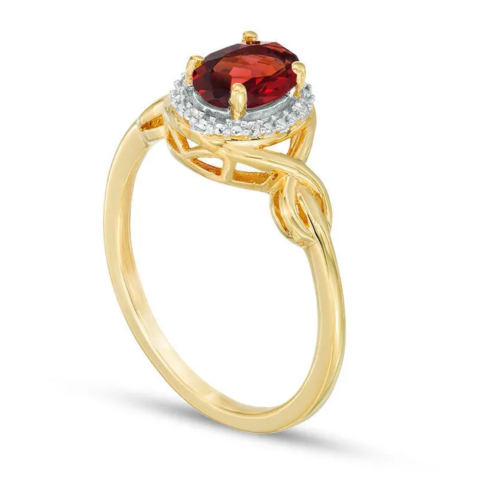 Oval Garnet and Natural Diamond Accent Twist Ring in Solid 10K Yellow Gold Goldia Rings Oval Garnet and Natural Diamond Accent Twist Ring in Solid 10K Yellow Gold Goldia Rings