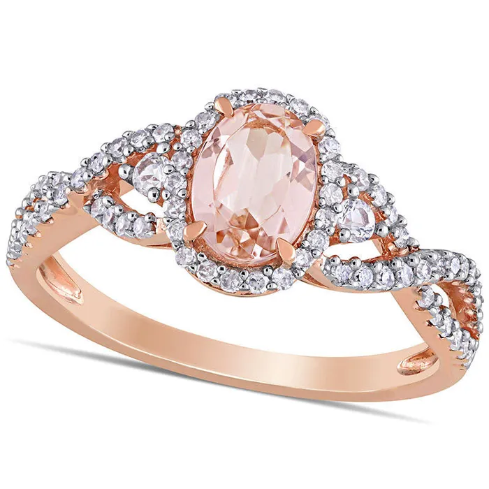 Oval Morganite White Sapphire and 033 CT TW Natural Diamond Frame Side Accent Twist Shank Ring in Solid 10K Rose Gold Goldia Rings Oval Morganite White Sapphire and 033 CT TW Natural Diamond Frame Side Accent Twist Shank Ring in Solid 10K Rose Gold Goldia Rings