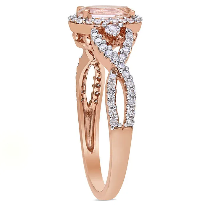 Oval Morganite White Sapphire and 033 CT TW Natural Diamond Frame Side Accent Twist Shank Ring in Solid 10K Rose Gold Goldia Rings Oval Morganite White Sapphire and 033 CT TW Natural Diamond Frame Side Accent Twist Shank Ring in Solid 10K Rose Gold Goldia Rings