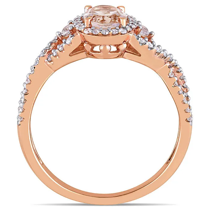Oval Morganite White Sapphire and 033 CT TW Natural Diamond Frame Side Accent Twist Shank Ring in Solid 10K Rose Gold Goldia Rings Oval Morganite White Sapphire and 033 CT TW Natural Diamond Frame Side Accent Twist Shank Ring in Solid 10K Rose Gold Goldia Rings