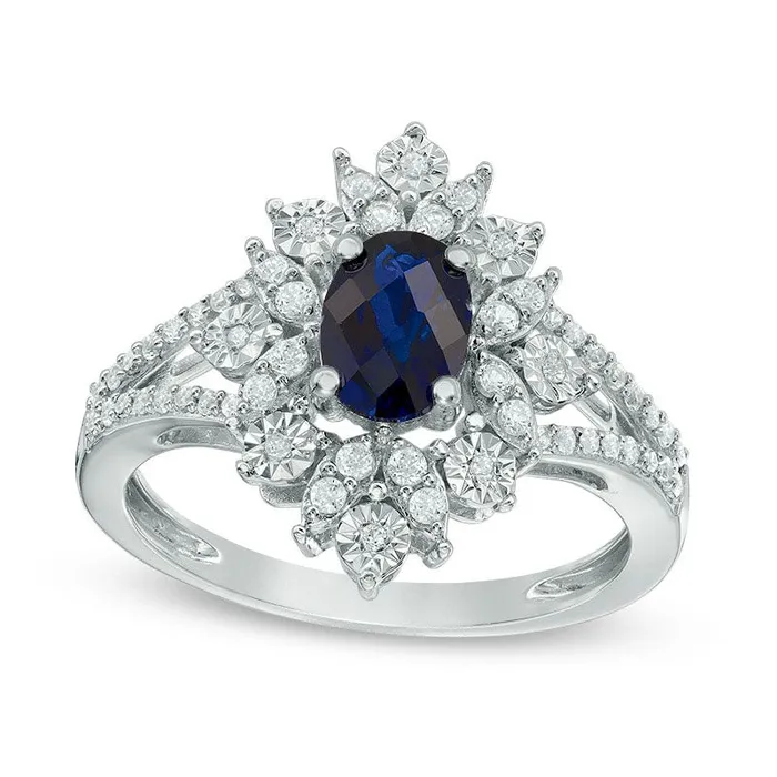 Rings Goldia Oval LabCreated Blue and White Sapphire Starburst Frame Ring in Sterling Silver