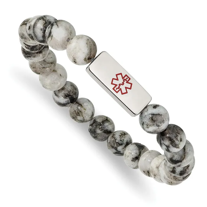 Bracelets TreasureFineJewelers Chisel Stainless Steel Polished with Red Enamel Medical ID 85mm Lotus Jasper Beaded Stretch Bracelet Bracelets TreasureFineJewelers Chisel Stainless Steel Polished with Red Enamel Medical ID 85mm Lotus Jasper Beaded Stretch Bracelet