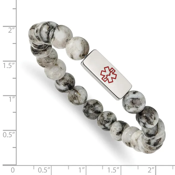Bracelets TreasureFineJewelers Chisel Stainless Steel Polished with Red Enamel Medical ID 85mm Lotus Jasper Beaded Stretch Bracelet