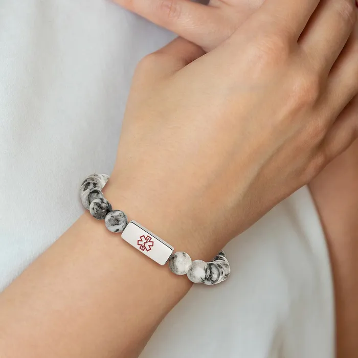 Bracelets TreasureFineJewelers Chisel Stainless Steel Polished with Red Enamel Medical ID 85mm Lotus Jasper Beaded Stretch Bracelet