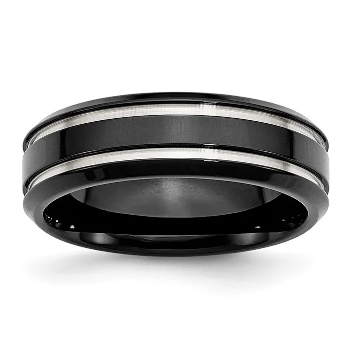 Rings TreasureFineJewelers Stainless Steel Polished Black IPplated 7mm Grooved Band