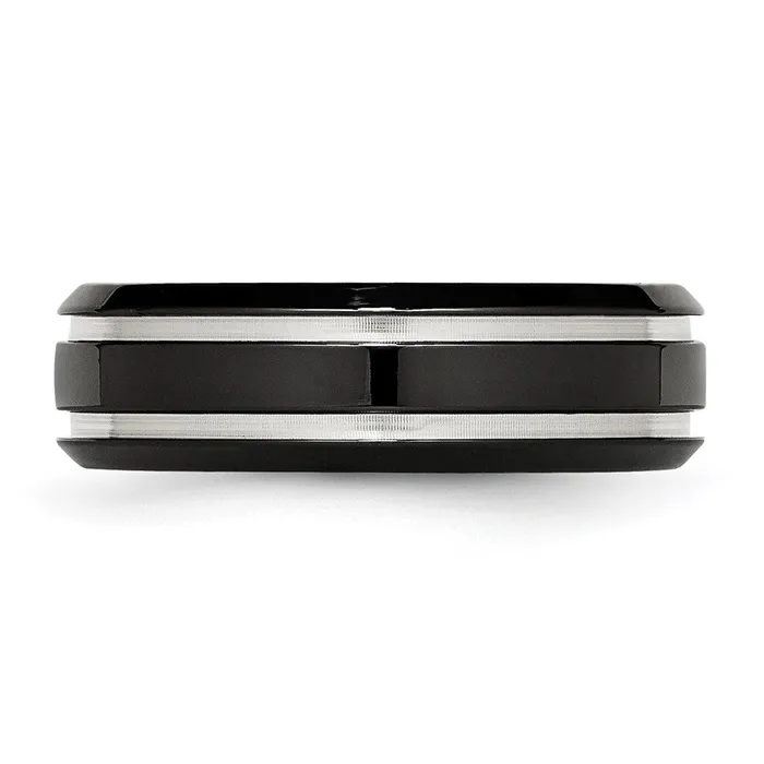 Rings TreasureFineJewelers Stainless Steel Polished Black IPplated 7mm Grooved Band