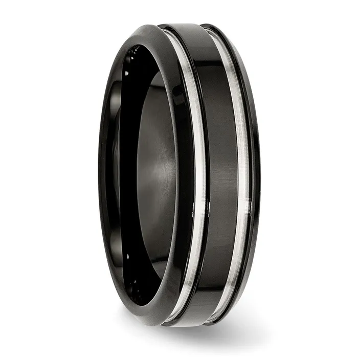 Rings TreasureFineJewelers Stainless Steel Polished Black IPplated 7mm Grooved Band