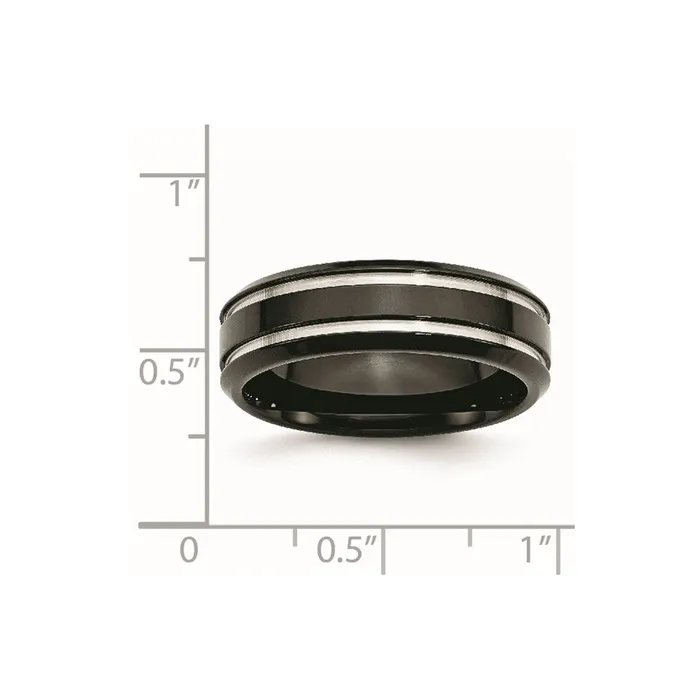 Rings TreasureFineJewelers Stainless Steel Polished Black IPplated 7mm Grooved Band
