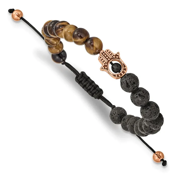 TreasureFineJewelers Bracelets Chisel Stainless Steel Polished Rose IPplated Hamsa Lava Stone and Tigers Eye Black Macrame Adjustable Bracelet TreasureFineJewelers Bracelets Chisel Stainless Steel Polished Rose IPplated Hamsa Lava Stone and Tigers Eye Black Macrame Adjustable Bracelet