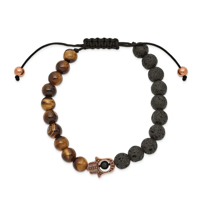 TreasureFineJewelers Bracelets Chisel Stainless Steel Polished Rose IPplated Hamsa Lava Stone and Tigers Eye Black Macrame Adjustable Bracelet