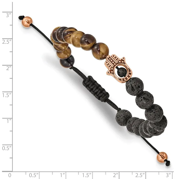 TreasureFineJewelers Bracelets Chisel Stainless Steel Polished Rose IPplated Hamsa Lava Stone and Tigers Eye Black Macrame Adjustable Bracelet