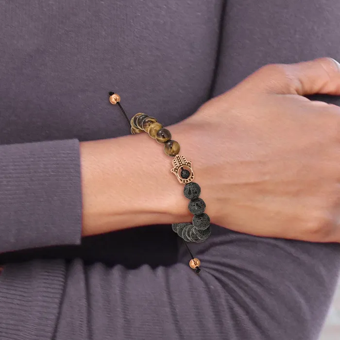 TreasureFineJewelers Bracelets Chisel Stainless Steel Polished Rose IPplated Hamsa Lava Stone and Tigers Eye Black Macrame Adjustable Bracelet