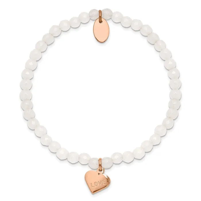 TreasureFineJewelers Chisel Stainless Steel Polished Rose IPplated LOVE Heart 4mm Jade Beaded Stretch Bracelet Bracelets