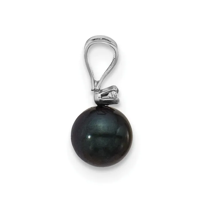 TreasureFineJewelers Necklaces 14k White Gold 56mm Black Round Saltwater Akoya Cultured Pearl Diamond Pendant