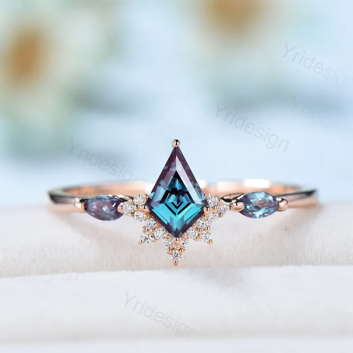Art Deco Kite Cut Alexandrite Engagement Ring Vintage Color Changing Wedding Ring Women Promise Ring Valentines Day Gift Christmas Gift PENFINE Rings