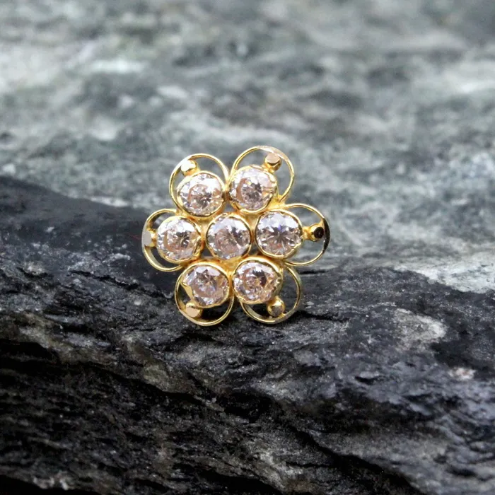 Floral Style Asian 14K Real Gold Nose stud White CZ nose ring Push Pin Karizma Jewels Rings