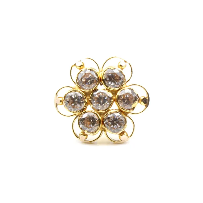 Floral Style Asian 14K Real Gold Nose stud White CZ nose ring Push Pin Karizma Jewels Rings