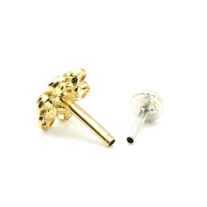 Floral Style Asian 14K Real Gold Nose stud White CZ nose ring Push Pin Karizma Jewels Rings